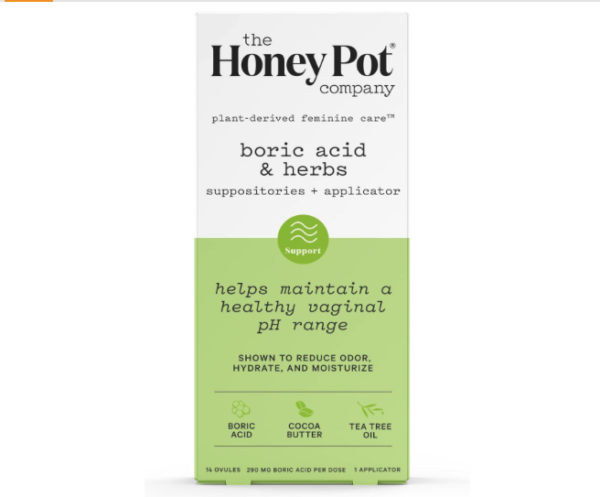 White and green box that says The Honey Pot Company boric acid & herbs suppositories + applicator